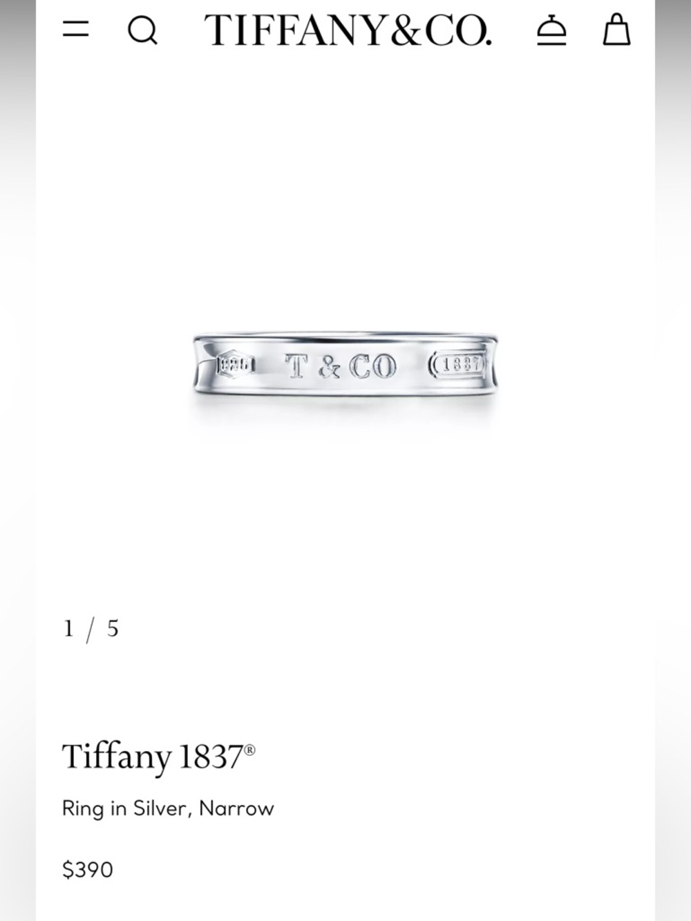 Tiffany & Co. 1837 Narrow Silver Ring Size 7 with Pouch